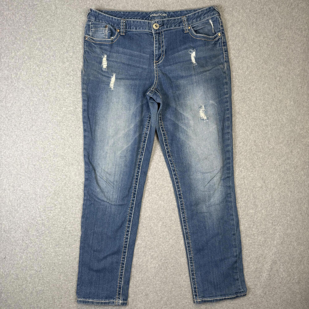 Maurices Women Size 14 Blue Curvy Fit Straight Leg Ankle Length Jeans Distressed